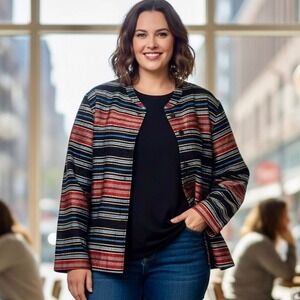 Vintage 90s JM Collection 100% Silk Jacket Women‎ Large Petite Black Red Stripe